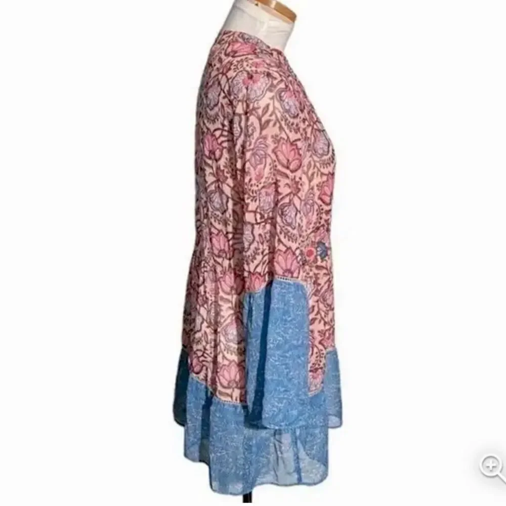 Soft Surroundings Pergola Blue Pink Floral Embroidered Sparkle Peasant Blouse